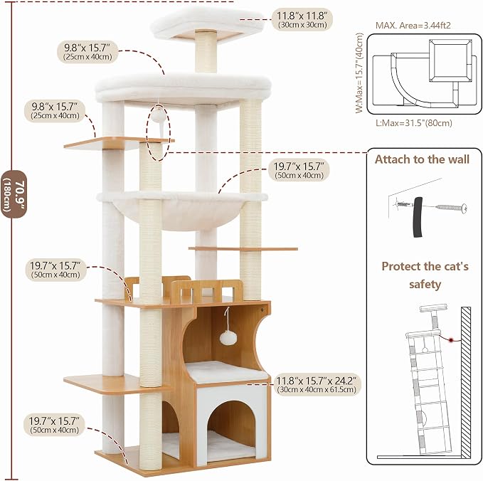 Gitelsnour Modern Cat Tree Tower, 2-Layer Condo & Perch, Big Hammock 102WB | 70.9''Wooden Cat Tower House Large Platform with Safe Guardrail for Indoor Cats Adult, All Sisal Scratching Post, Walnut