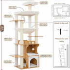 Gitelsnour Modern Cat Tree Tower, 2-Layer Condo & Perch, Big Hammock 102WB | 70.9''Wooden Cat Tower House Large Platform with Safe Guardrail for Indoor Cats Adult, All Sisal Scratching Post, Walnut
