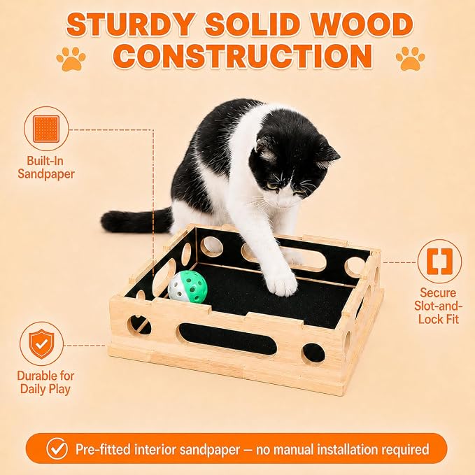 Cat Nail File Scratcher, Interactive Cat Scratch Puzzle Treat Box for Indoor Cats, Solid Wood Sandpaper Liner Claw Care Toy with 3 Balls & Feather, Stress-Free Alternative to Clippers & Grinders