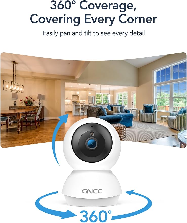 GNCC 2K Cameras for Home Security,360°Pan/Tilt Indoor Camera with APP,2Pack | Motion Track Smart Detection &Alerts, 2-Way Audio, SD Card Storage &Cloud, 2.4/5GHz WiFi,Security Camera for Pet/Elderly/Baby