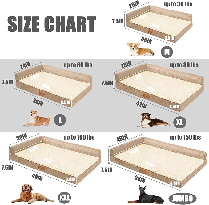 Patas Lague Orthopedic Large Dog Bed Pet Sofa Beds 42''X28''Beige | L Bolster Egg-Crate Foam Dog Couch For Large Sized Dogs, Waterproof Removable Washable Cover, Pet Mat with Nonskid Bottom