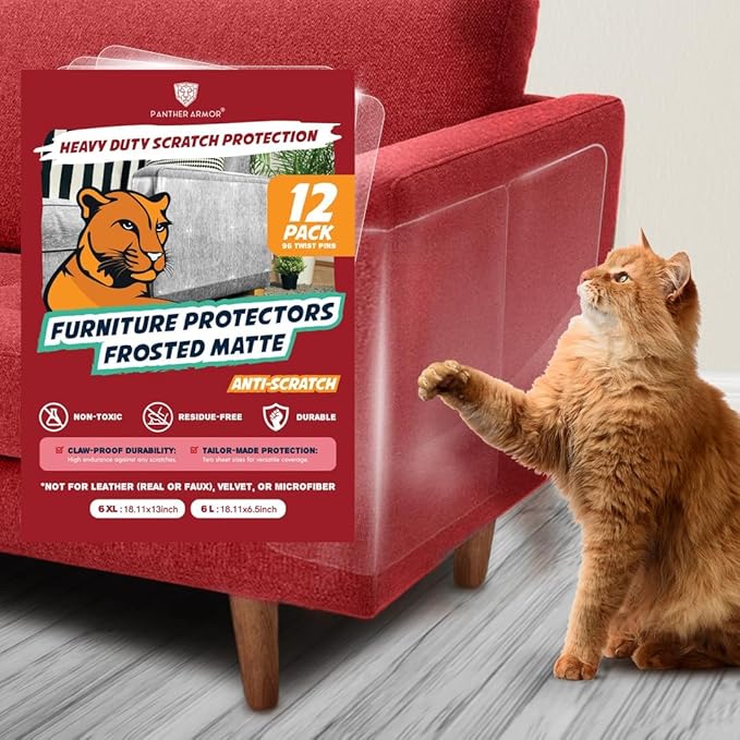 Panther Armor Cat Furniture Protector, 12 Matte Sheets with Twist Pins | Solid barrier shield, not a sticky deterrent. Couch protector from cat claws. 6 XL plus 6 large sheets, removable