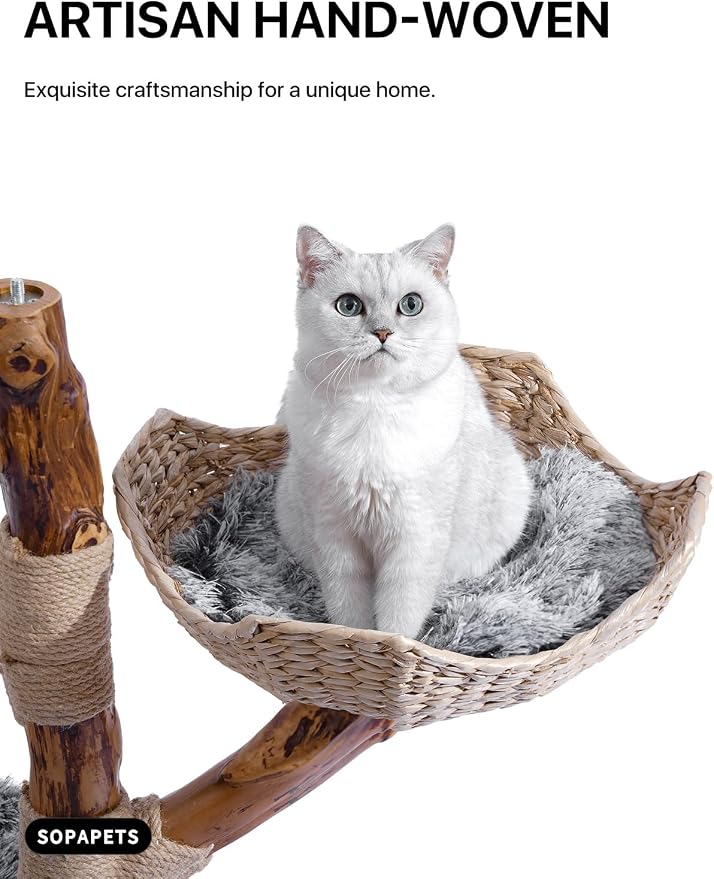 Sopapets Solid Wood Cat Tree for Large Cat, 41.3" Modern Cat Tower with Heavy Duty Real Branch & Hand-Woven Basket, Sisal Scratching Posts & Cozy Bed, Luxury Furniture for Indoor & Maine Coon, Gray
