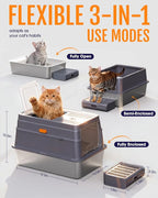 Powools Stainless Steel Enclosed Cat Litter Box, Elevated Step Box, Grey | 17.1 x 13.2 x 15.0 in, Metal Cat Litter Box with Lid, Litter Scoop, Activated-Carbon Pack, Non-Sticky, Easy to Clean