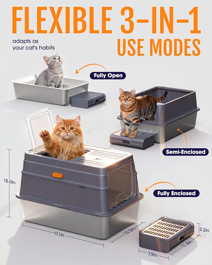 Powools Stainless Steel Enclosed Cat Litter Box, Elevated Step Box, Grey | 17.1 x 13.2 x 15.0 in, Metal Cat Litter Box with Lid, Litter Scoop, Activated-Carbon Pack, Non-Sticky, Easy to Clean