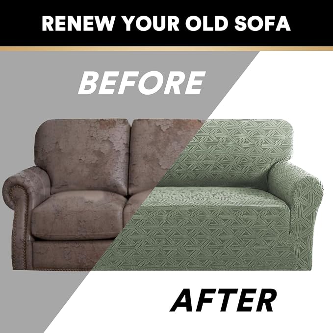 Jacquard Couch Covers for 3 Cushion Couch 1 Piece Stretch Sofa Covers Furniture Protector Anti-Slip Soft Thickened Dogs Slipcovers Washable Diamond Pattern(Sofa, Sea Grass)