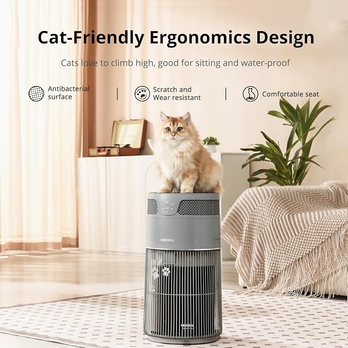 WISESKY Cat Air Purifier with Bite-Resistant Cord & Wide Grille and Tip-Over Protection | Air Purifier for Home with 360° Air Intake for Pet Hair | APP Control | Covers Up to 1644 Sq.Ft