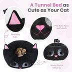 Baseola Fuzzy Cat Tunnel Bed for Indoor Cats, 2-in-1 Interactive Cat Toys | Peekaboo Cat Cave with Washable Mat, Collapsible Cat Play Tunnel for Kittens & Small Pets, Cat Donut Bed Tunnel, Black Pink