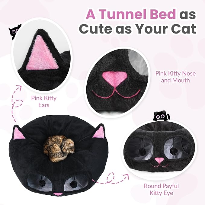 Baseola Fuzzy Cat Tunnel Bed for Indoor Cats, 2-in-1 Interactive Cat Toys | Peekaboo Cat Cave with Washable Mat, Collapsible Cat Play Tunnel for Kittens & Small Pets, Cat Donut Bed Tunnel, Black Pink