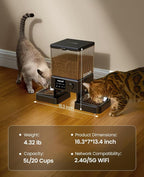 oneisall 5G WiFi Automatic Cat Feeder for 2 Cats, App Control, 20 Cups/5L | Timed Meals, Feed Now, Feeding Logs, Slow Feed, Precise Portions, 10s Voice Recorder, Family Sharing, Stainless Steel Bowls