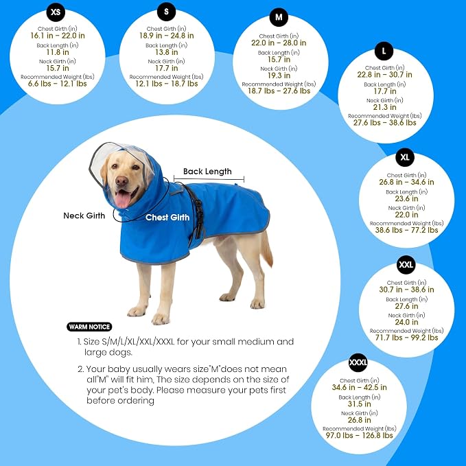 BRKURLEG Dog Raincoat, Waterproof Rain Jacket with Clear Hood for Small Medium and Large Dogs, Adjustable Reflective Pet Rain Coat Poncho with Leash Hole, Blue L