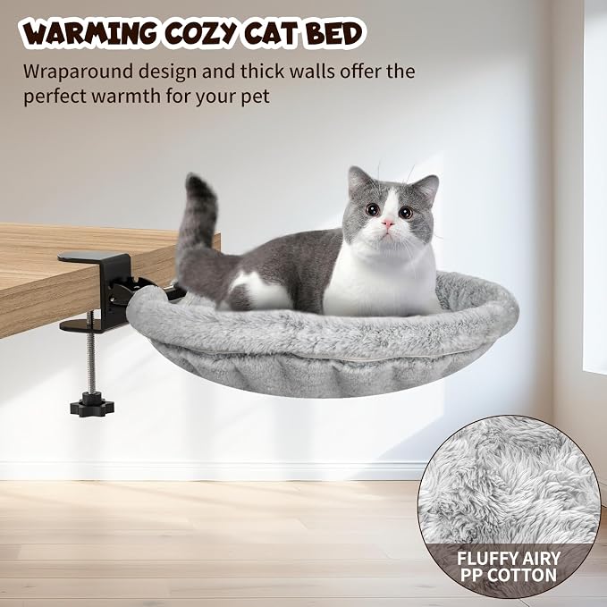 Acools Cat Desk Bed, 90° Foldable Cat Hammock with Clamp, 44 lb Capacity | Cat Desk Hammock with Adjustable Clamp; Desk Cat Bed Attachment Features 18"x18" Washable Soft Fabric and Sturdy Metal Frame