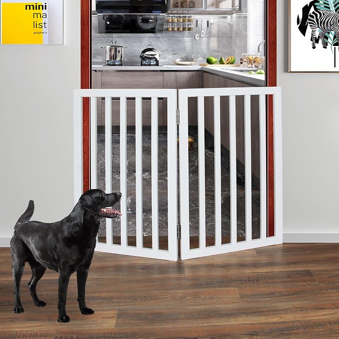 ZJSF Freestanding Indoor Dog Gate for House Foldable Wood White Puppy Gate for Doorways Pet Gate for Stairs Extra Wide Pet Fence 32" Height 2 Panels