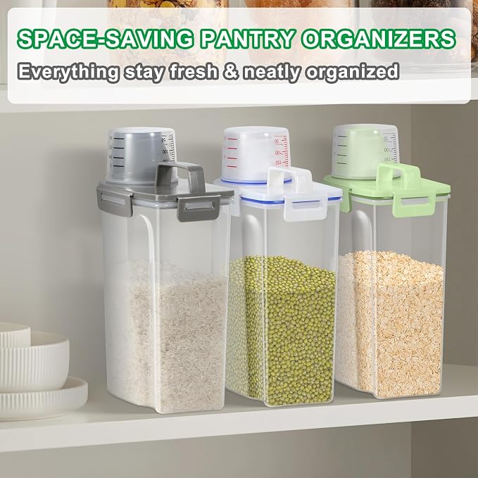 TBMax Rice Container Cereal Storage Container 2 Pack 5 Lbs, Kitchen Pantry Dry Food Storage Holder with Easy-Pouring Spout & Handy Cup, Small Pet Dog Cat Food Dispenser for Daily Feeding -Grey