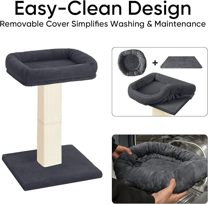 Cat Scratching Post with Plush Perch for Indoor Cats, 32 Inch | Removable & Washable Cover, Sisal Scratcher With a Large Bed, Heavy Duty Post for Cat Adults to Protect Furniture, Dark Grey