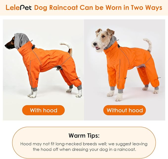 Lelepet Waterproof Dog Raincoat, Hooded Dog Rain Jacket, Full Body Coverage | Adjustable Full-Body Dog Rain Coat, Built-in Collar and D-ring, Snowproof & Windproof Rain Jacket, Reflective Stripe