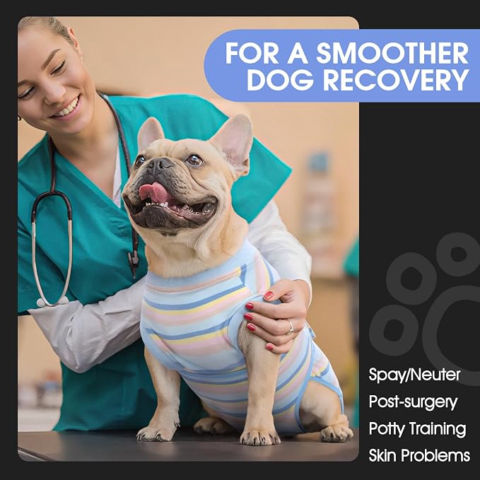 FUAMEY Dog Surgery Recovery Suit, Surgical Suit for Dogs Onesie for Surgery | Cone Alternative after Surgery, Abdominal Wound Protector, Onesie for Dogs after Surgery Spay Neuter, Blue Yellow Stripes XS