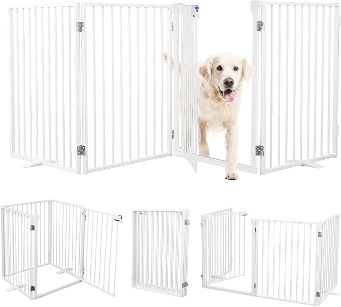 Metal Freestanding Dog Gates with Door,Extra Wide 24", 32" Height Foldable Dog Fence for Indoor & Outdoor, Heavy Duty Freestanding Pet Barrier for Stairs, Doorways, Halls, Kitchen,Yard,Christmas Tree