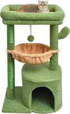 SYANDLVY Cactus Cat Tree for Indoor Cats, Green Activity Tower for Kittens | Modern Cat Furniture with Scratching Post, Basket & Hanging Ball for Play Rest