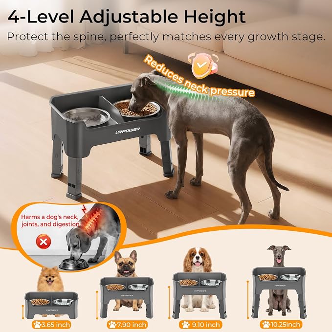 URPOWER Mess Proof Elevated Dog Bowls for Small Dogs with Splash Guard | 4 Height Adjustable Raised Stand with 2 Stainless Steel Food Bowls & Licking Plate for Small, Medium & Large Dogs