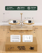 Elevated Cat Bowls with Wood Stand Adjustable Tilt (2 Cups/Bowl) | FSC Certified E0 Grade Frame,Whisker Fatigue Comfort,Dishwasher Safe Stainless Inserts,Non-slip Pads