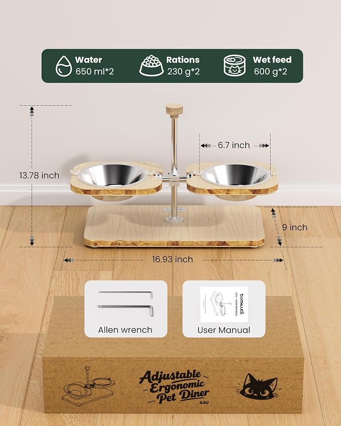 Elevated Cat Bowls with Wood Stand Adjustable Tilt (2 Cups/Bowl) | FSC Certified E0 Grade Frame,Whisker Fatigue Comfort,Dishwasher Safe Stainless Inserts,Non-slip Pads