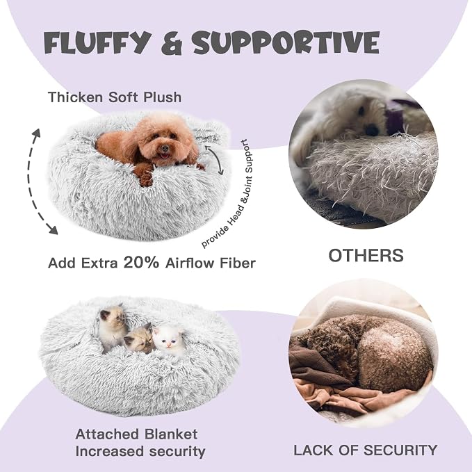 Himax Covered Large Dog Bed with Blanket Attached Calming Burrow Light Grey | 35in Anti-Anxiety Donut dog bed with cover, Washable Round Fluffy Pet& Cat Beds for Indoor