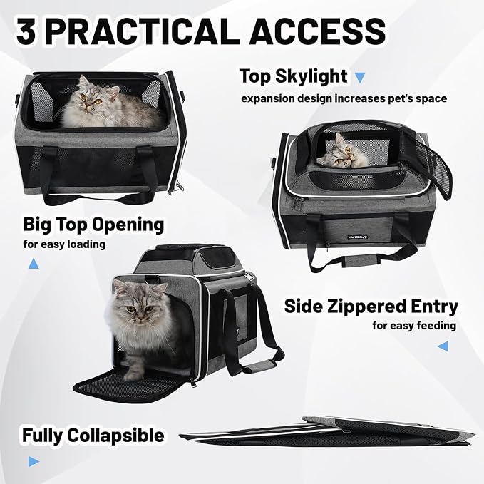 Cat Carrier Top-Expandable 18x11x11, United Delta American Airline Approved | Soft-Sided Small Dog Pet Carry Bag Under-Seat in Cabin, Puppy Airplane Travel Crate TSA Plane Under 10 lbs, Kitten Cage Grey