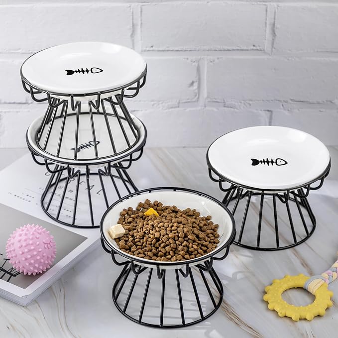 Roshtia 4 Sets Elevated Cat Bowls Ceramic Raised Cat Food Bowls with Metal Stand Dishwasher Safe Dishes Non Slip Elevated Food Plate(Black,Fishbone)