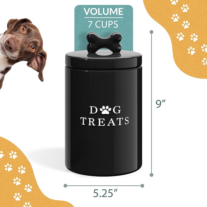 Barnyard Designs Ceramic Dog Treat Container with Airtight Lid (Black) | Large Rustic Storage Canister and Cookie Jar for Kitchen Counter; Airtight Lid Keeps Food Fresh; Farmhouse Decor