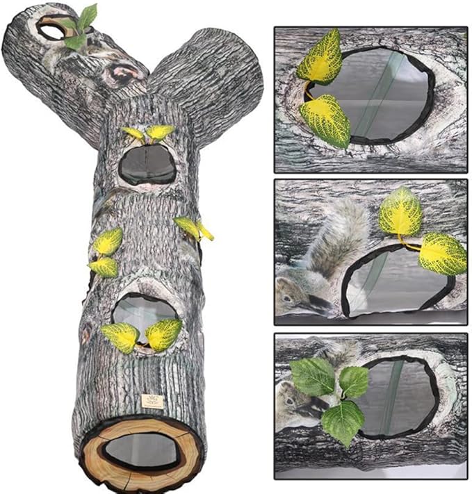 Cat Tunnels for Indoor Cats - Interactive Tree Trunk Cat Activity Play Tunnels with Peek Holes, Collapsible Pet Tube Puzzle Hunt Chase Training Center Toys for Kitten, Ferret, Small Animals