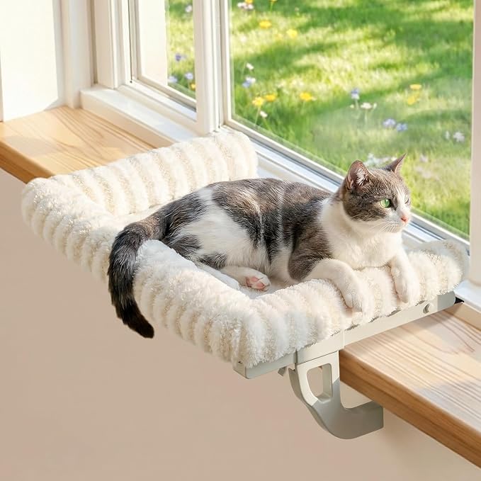 Zakkart Mellow Cat Perch for Windowsill, Hook-On or Screw-On Installation Pet Window Perch, Machine Washable Bed, Heavy Duty Cat Hammock Shelf for Large Cats, Holds up to 40 lbs (Beige, Large)