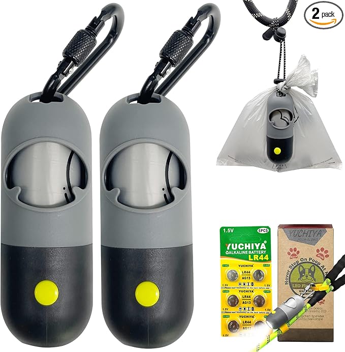 Dog Poop Bags Holder with LED Flashlight|Pet Waste Bags Dispenser for Leash|Doggie Potty Bags Container with Leak-proof Pet Trash Bags and Accessories (2 Holders 30 Bags, Grey and Black)