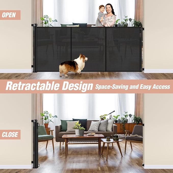 Reinforced 42" Tall x 75" Wide Retractable Baby Gate Prevent Crawling Under | Indoor/Outdoor Tall Retractable Dog Gate, Space-Saving, One-Hand Use, Scratch-Resistant Mesh, Safety Lock, Easy Install/Black