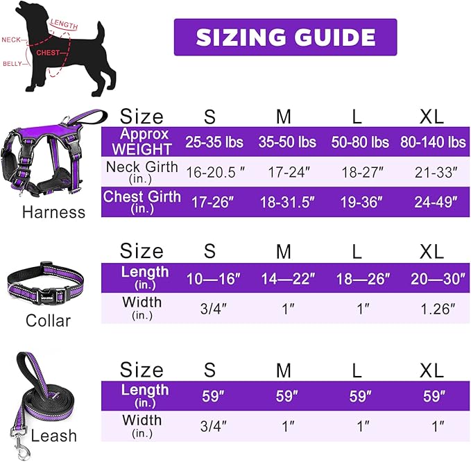 WINSEE Pet Harness Collar and Leash Set, All-in-one Reflective Dog Harness No Pull with Adjustable Buckles for Puppies, Small, Medium, Large, and Extra-Large Dogs (Large, Purple)