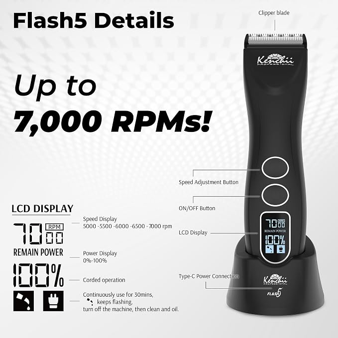 Kenchii Flash 5 Matte Black 5-in-1 Pet Grooming Clipper Digital LCD Stay-Cool Blade Precision Pet Grooming Trim, Shape, Sleek and Ergonomic Design