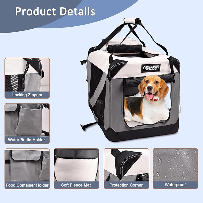 JESPET Soft Dog Crates Kennel for Pets, 3 Door Soft Sided Folding Travel Pet Carrier with Straps and Fleece Mat for Dogs, Cats(7-Light Grey, Large(30" L x 21" W x 23" H))