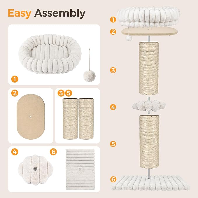 Avont 29" Sisal Cat Scratching Post with Large Plush Perch, Cream | Large Cat Scratcher Tower & Plush Elevated Cat Bed with Removable & Washable Cover, Sturdy Cat Perch for Indoor Cats