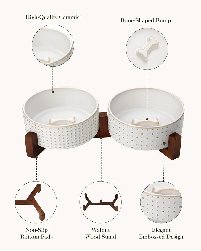 MALACASA Dog Bowl Set, Ceramic Bowls with Walnut Wood Stand, 3.5 Cups | Rhombic and polka dot design, non-slip base, for cats and dogs, about 26% heavier than similar ceramic bowls