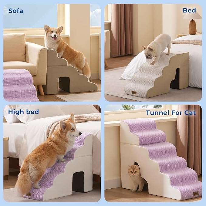 ZOMISIA Dog Ramp for High Beds with Tunnel, 29" H 6 Steps for Large Dog | Tunnel 2 in 1 with Zippers, Suitable for Short-Legged Dogs Get on Bed, Non-Slip Durable Dog Steps with High-Density Foam