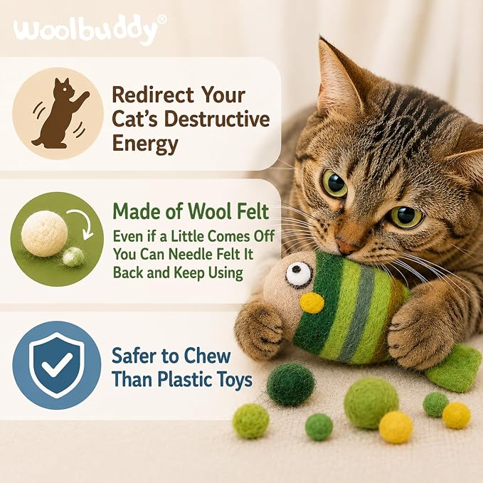 Woolbuddy Wool Cat Toys (Fish 3 PCS) Catnip-Free Kick Toys for Cats Kittens | 100% Pure Wool Felt Interactive Cat Toys, Catnip-Free for Bored Cats, Teething Kittens, Redirect Cat's Destructive Energy