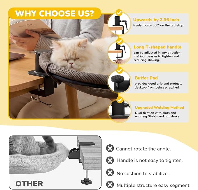 360 Rotating Cat Desk Bed, No-Drill Desk Cat Bed, 40 lb, Fits 2 in Desks | 2 Washable Mesh Pads, Strong Steel Frame for Stability, No-Drill Desk Attachment
