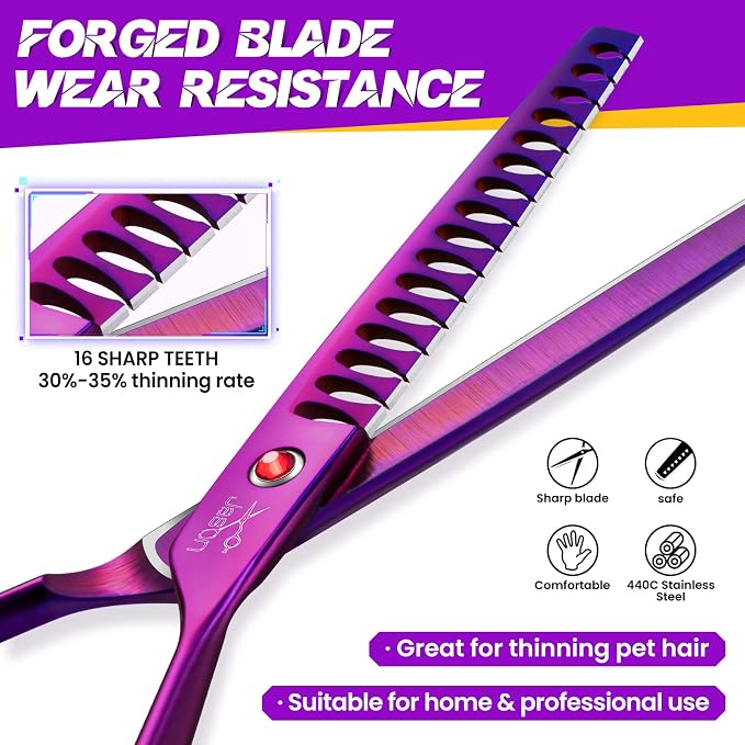 JASON Dog Grooming Chunker Scissor - 7" Professional Hair Shears Purple | Ergonomic Handle Japanese Stainless Steel, for Dogs, Cats and Other Pets, Sharp, Gift