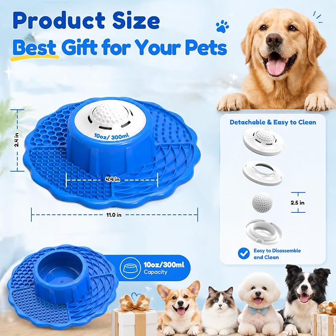 Slow Feeder Dog Bowls with Lick Mat & Rolling Lick Ball, Enrichment Toys | 10oz. 3-in-1 Feeder. Leak-proof, Non-slip. Interactive Play. Slow eating. Liquid, Thick Treats & Kibble, Food-grade Silicone