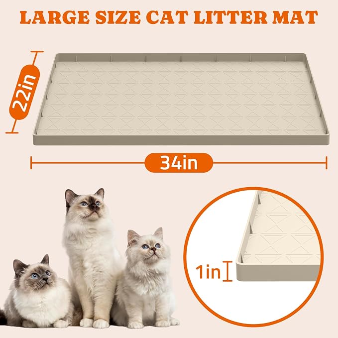 Pawtners Silicone Cat Litter Mat 34 x 22 in, Easy to Clean, Beige, 2 Pack | Non-Slip Kitty Litter Mat for Floor, Waterproof & Urine-Proof Cat Litter Mat Litter Trapping Mat, Soft on Kitty Paws