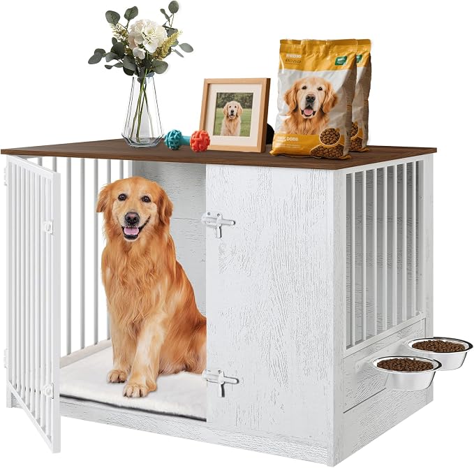 TBWIND 36" Dog Crate Furniture End Table for Medium Dogs, White | Furniture-Style Dog Crate with 270° Rotating Door, 360° Feeding Station, Dual Latch Locks & Soft Cushion