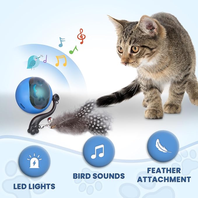 Interactive Cat Toy Ball, Automatic Self-Rolling Cat Toy with Feather Tail, Rechargeable Smart Cat Ball for Indoor Cats