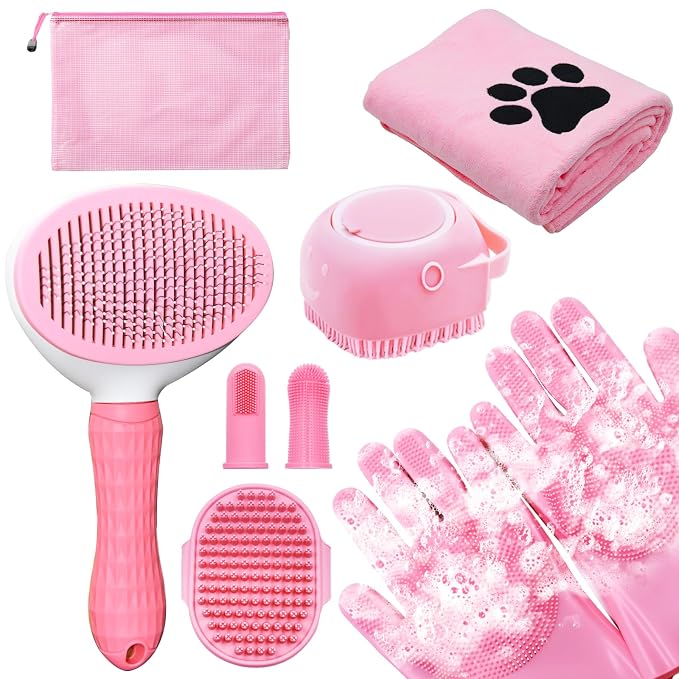 Dog Grooming Kit for Shedding – 8-Piece Pet Grooming Supplies with Deshedding Brush, Bath Gloves, Towels & Silicone Toothbrush | Ideal for Dogs, Cats, Small and Large Pets (Pink)