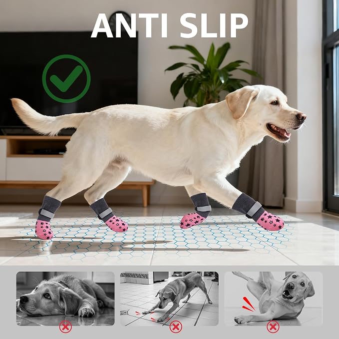 BEAUTYZOO Anti Slip Dog Socks to Prevent Licking Paws, Dog Shoes for Hot Pavement, Grip Socks for Dogs on Hardwood Floors, Dog Booties Alternative, Reflective&Washable Paw Protection for Senior Dogs