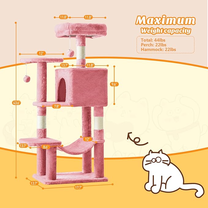 DUMOS Small 44 Inch Cats Tree Tower with Scratching Posts, Pink | Cat Climbing Tower with Hammock, Pet Condo for Indoor Cats and Kittens Play